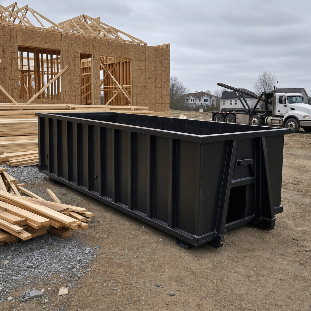 Matte-black 40-yard roll-off dumpster staged on a framed-out residential construction site in Lee'S Summit, framing lumber stacked nearby, hooklift delivery truck visible in the background under bright Colorado daylight