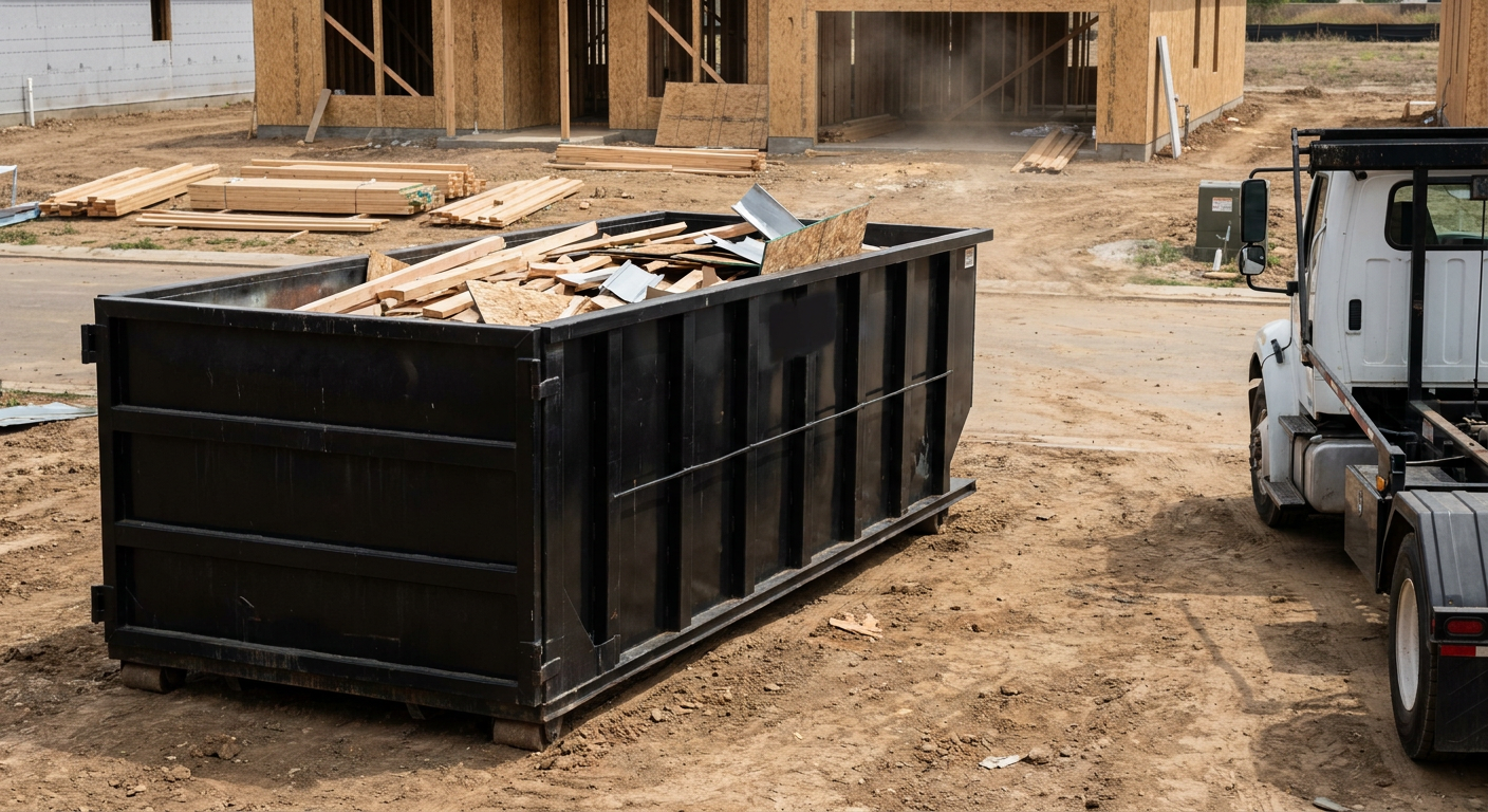 Matte-black 20-yard roll-off construction dumpster with heavy ribbed steel sidewalls and swing rear doors at a working jobsite in Lee'S Summit, sitting directly on compacted dirt with an unmarked white hauler partially visible at the far edge of the frame.