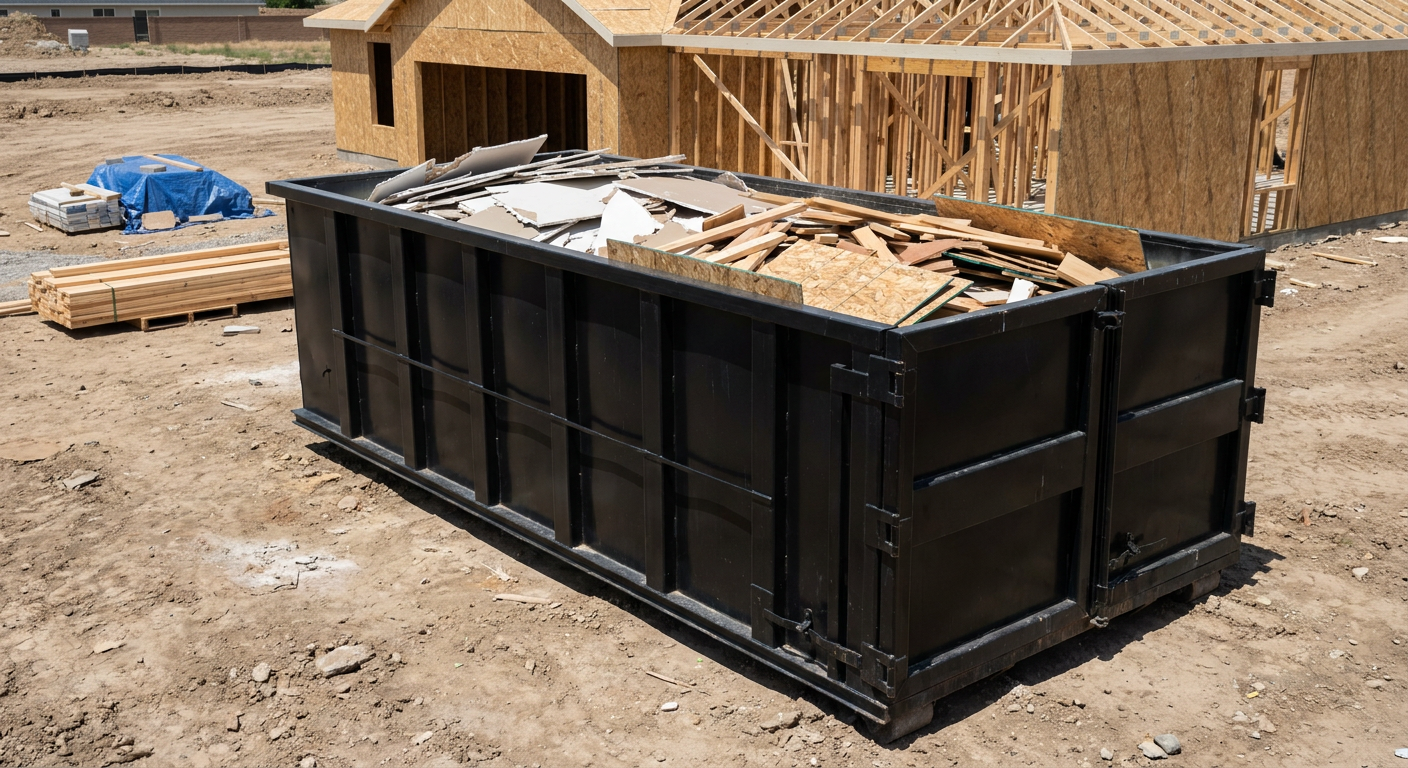 Matte-black 30-yard roll-off construction dumpster sitting directly on the compacted-dirt site of a framed single-family home build in Lee'S Summit, drywall and lumber scrap loaded inside.