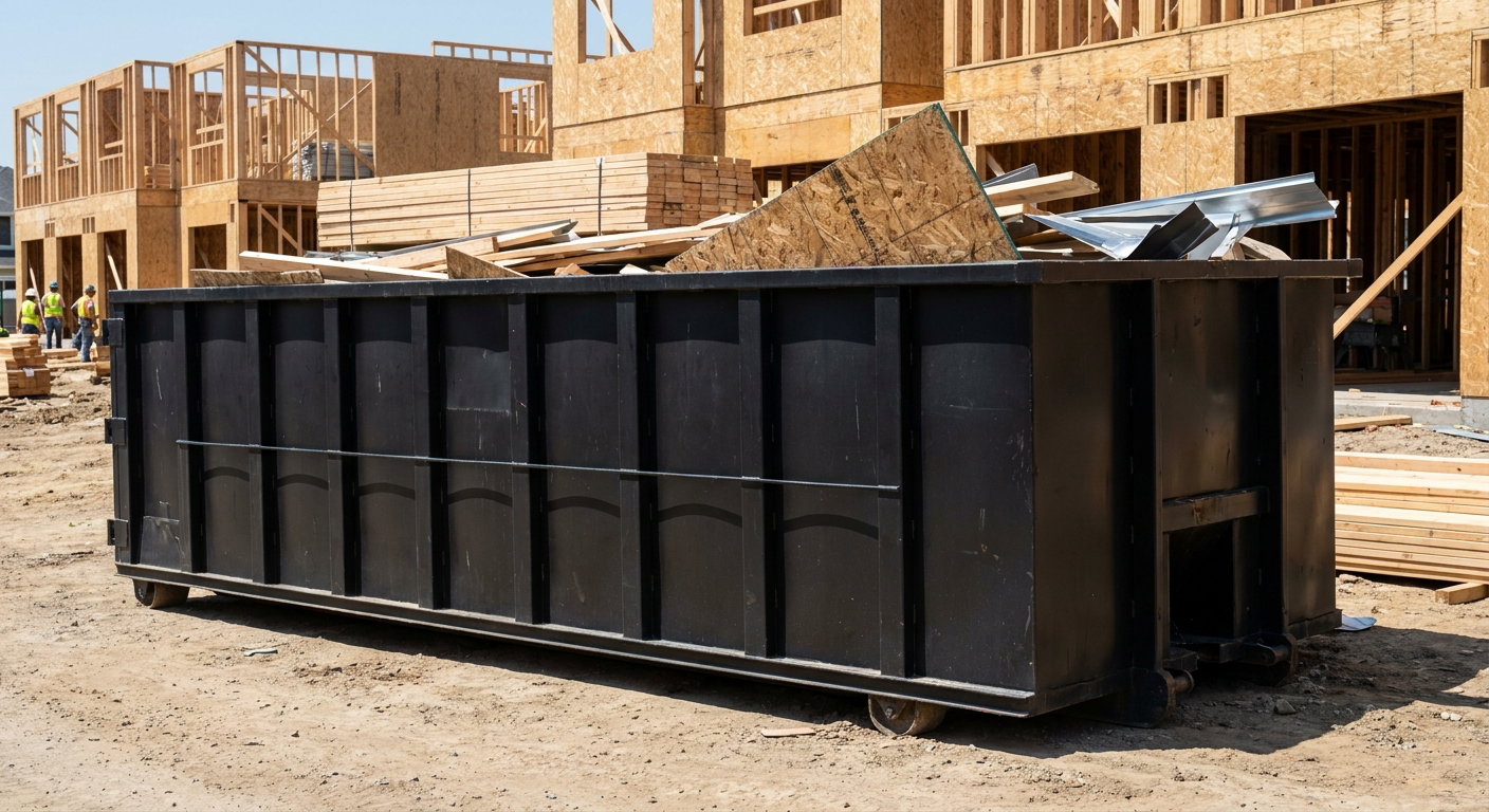 Matte-black 40-yard roll-off construction dumpster being lowered from a white-cab hooklift delivery truck onto the compacted-dirt jobsite at a commercial build site in Lee'S Summit