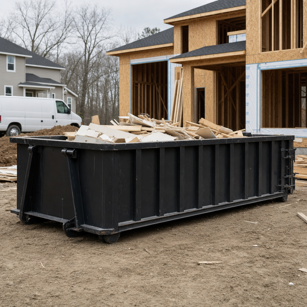 Worker in a yellow high-visibility vest tossing framing lumber and broken drywall into a matte-black 30-yard construction roll-off dumpster on an active build site in Lee'S Summit, bright daylight