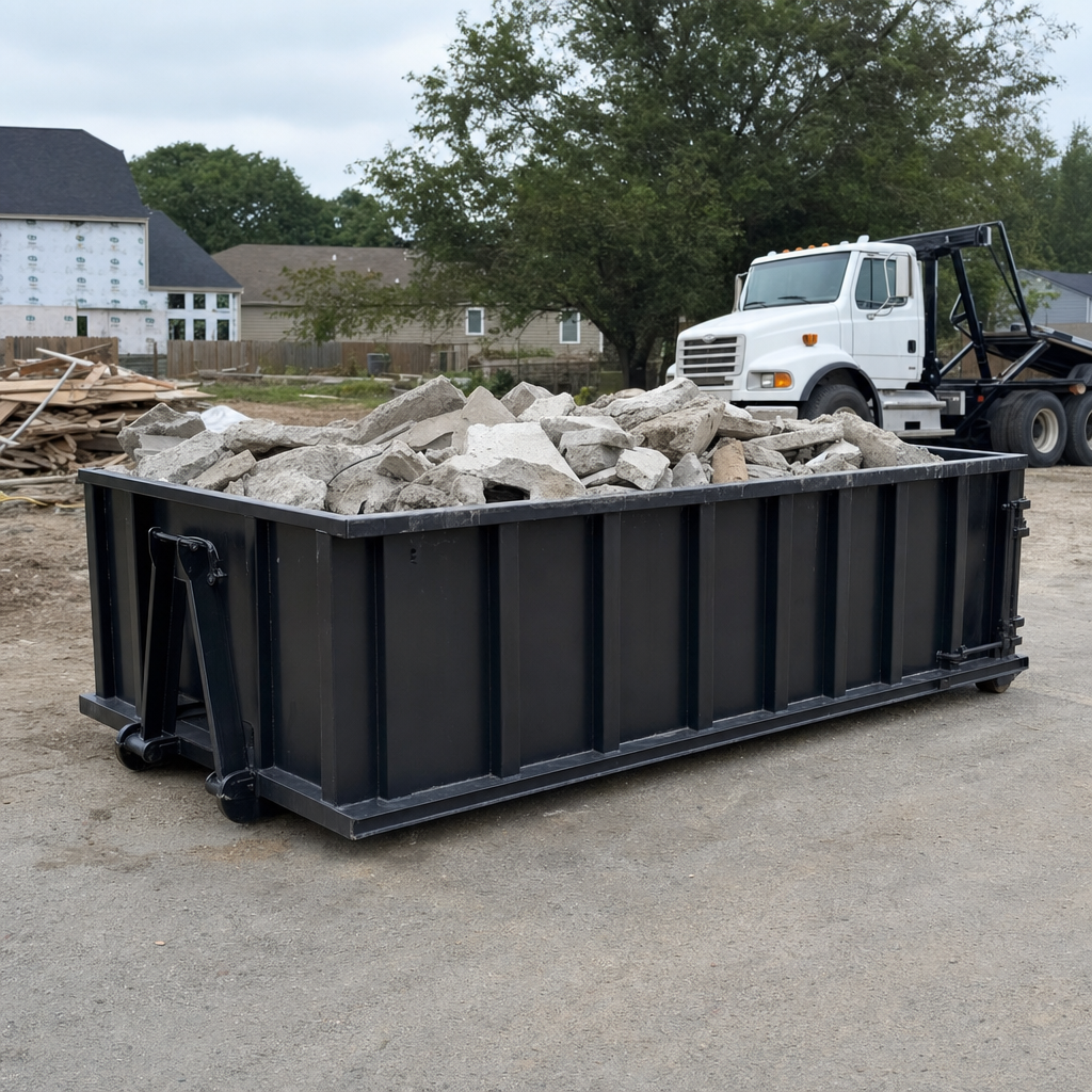Low-profile matte-black lowboy roll-off dumpster loaded with broken concrete slab and rebar at a foundation tear-out in Lee'S Summit, skid steer parked beside it, sunny Colorado morning