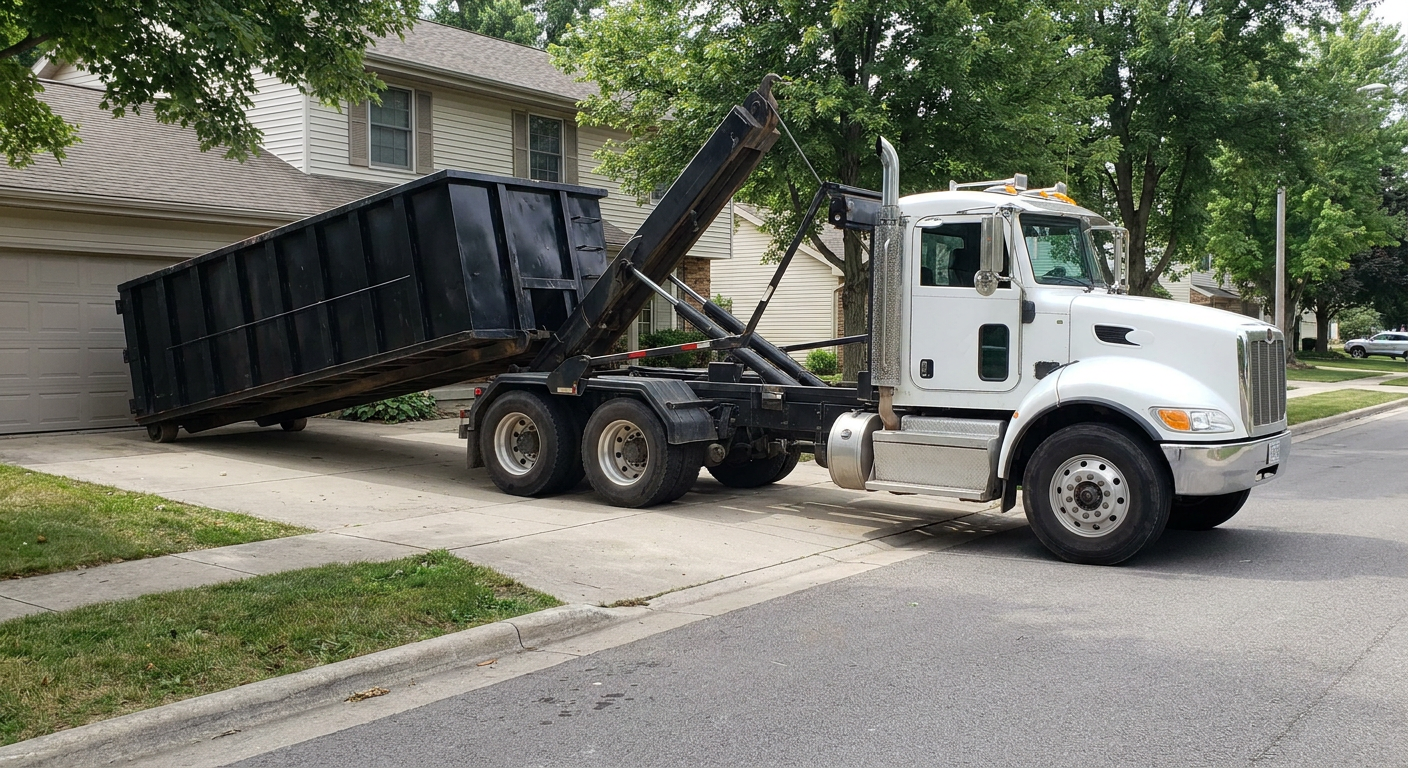 White-cab hooklift roll-off truck actively lowering a matte-black dumpster onto a Lee'S Summit residential concrete driveway, the dumpster's rear wheels touching the driveway as the hoist arm tilts the bed forward, mid-morning daylight.