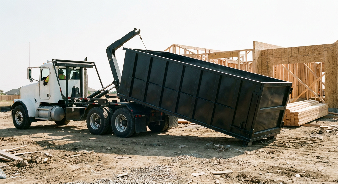 Matte-black roll-off dumpster being delivered onto a clean residential concrete driveway in Lee'S Summit by an unmarked white hooklift hauler truck, bright morning daylight, documentary 35mm perspective.
