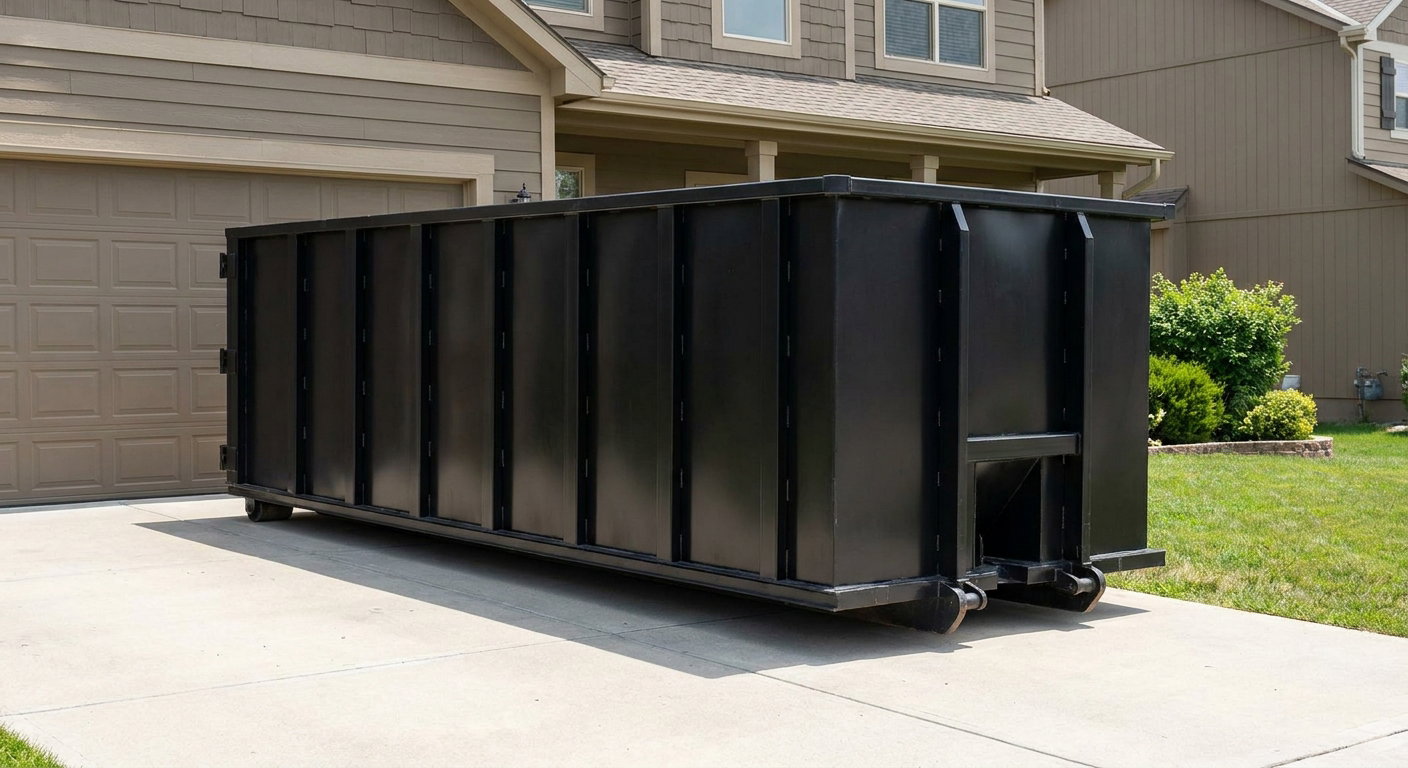 Matte-black residential roll-off dumpster sitting directly on a suburban Lee'S Summit concrete driveway, garage door closed, single-family home in background, bright morning daylight.