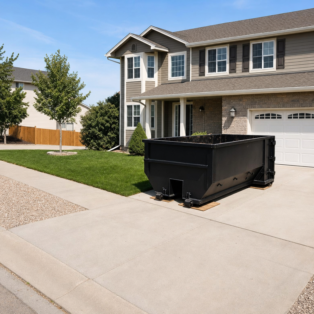 10-yard matte-black residential dumpster placed directly on a narrow Lee'S Summit concrete driveway, room remains for a parked sedan beside it, mid-morning natural light