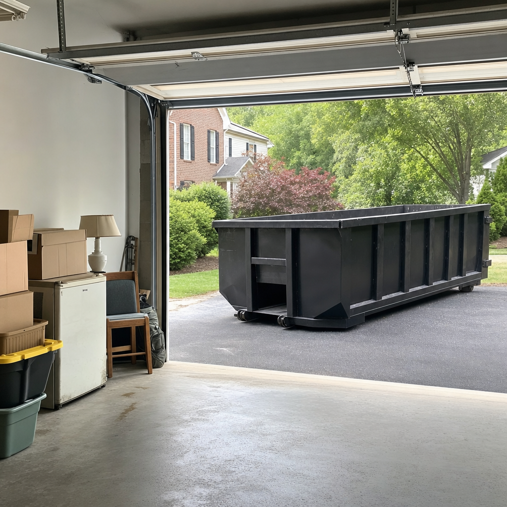 Open garage interior in a Lee'S Summit home mid-cleanout — boxed items, an old appliance, and stacked yard tools queued near the driveway for a matte-black roll-off dumpster, organized and calm