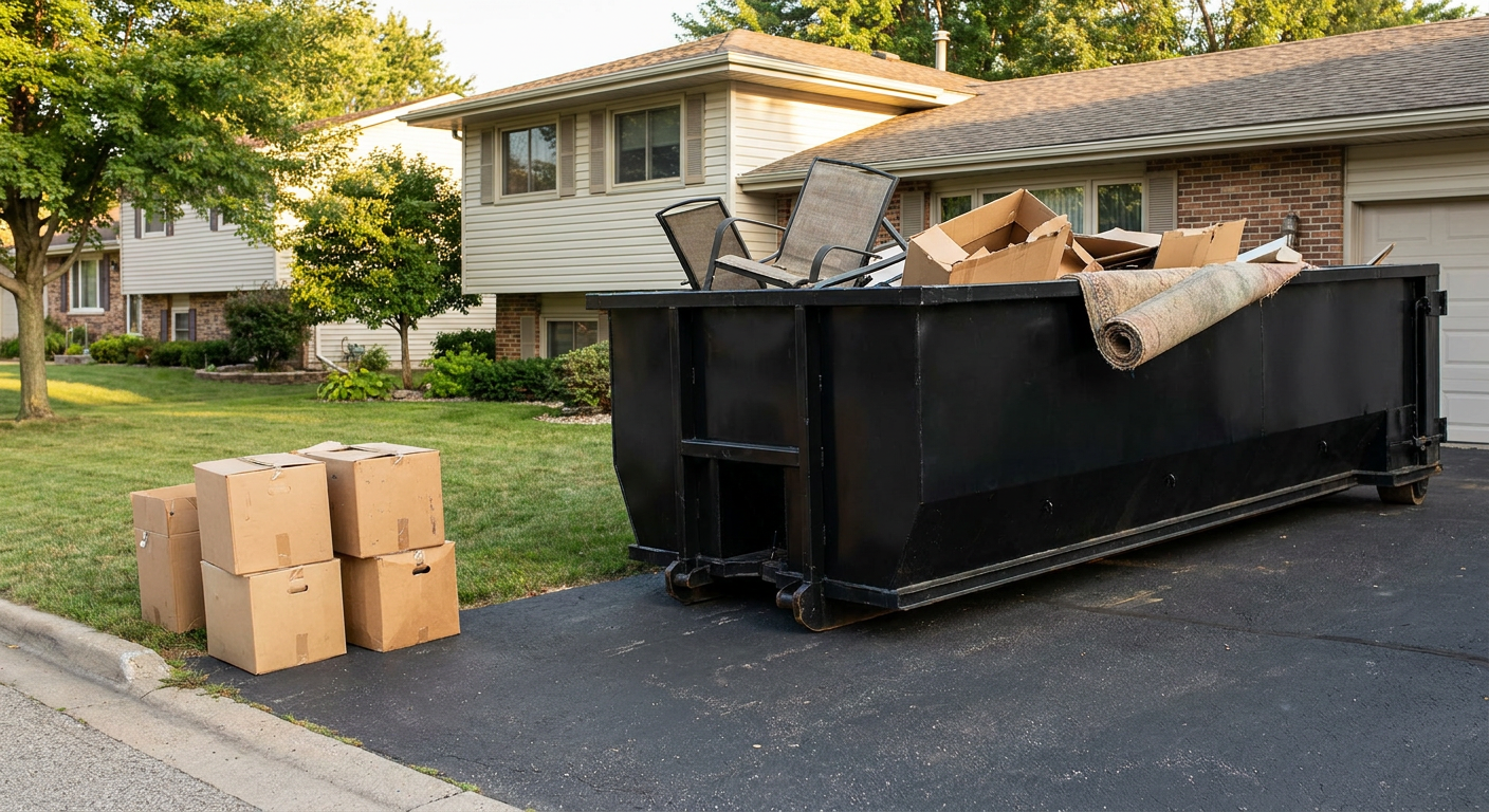 Front-yard view of a Lee'S Summit split-level home with a 20-yard matte-black roll-off dumpster sitting directly on the asphalt driveway, a few clearly labeled donation boxes staged at the curb, calm sunny afternoon.