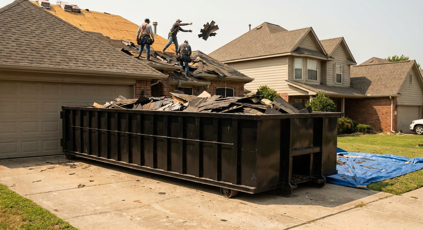 Matte-black roofing roll-off dumpster placed directly on a Lee'S Summit residential concrete driveway, a tear-off crew on a two-story asphalt-shingle roof tossing shingle bundles into the low-walled container, bright daylight, documentary 35mm perspective.
