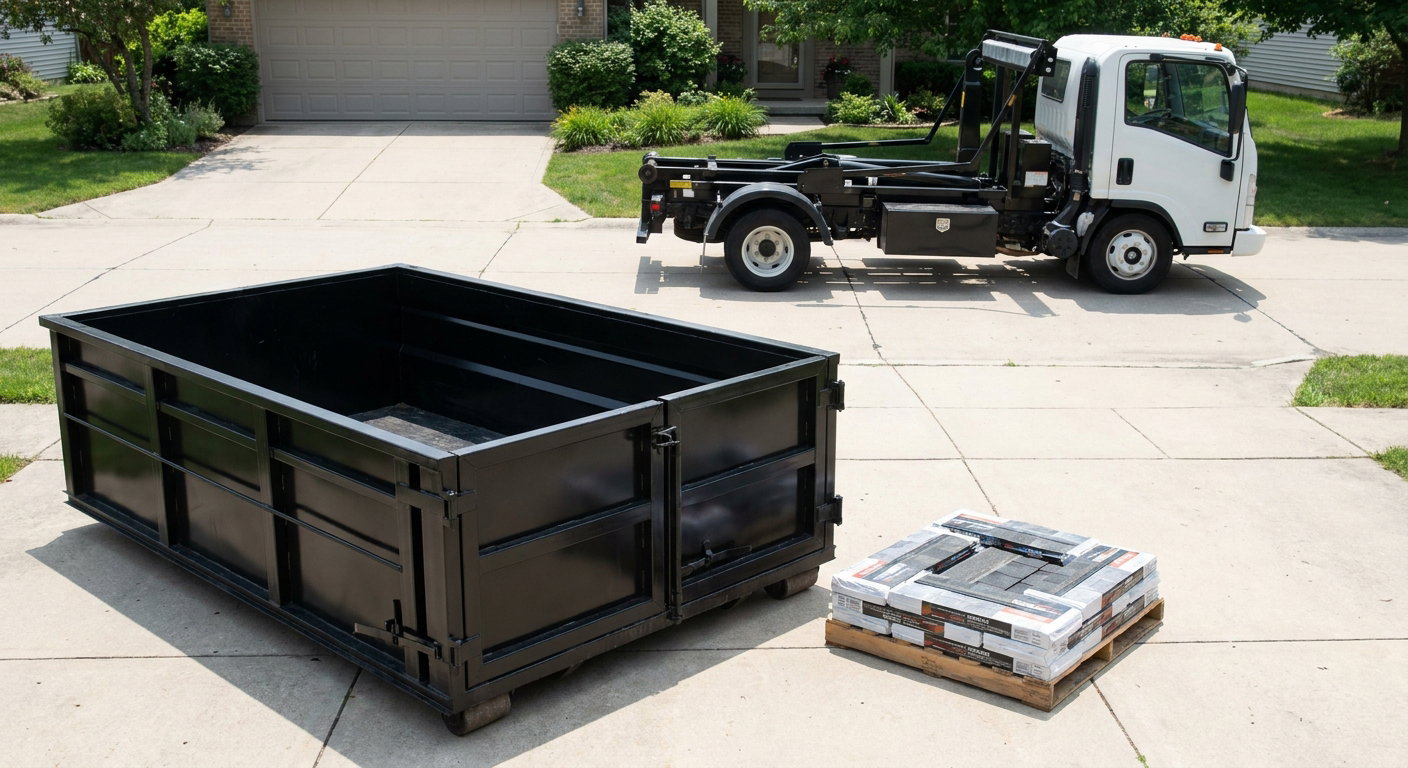 Matte-black 15-yard roofing roll-off dumpster with reinforced low side walls sitting directly on a Lee'S Summit residential concrete driveway, three-tab asphalt shingle bundles stacked nearby, an unmarked white hauler truck partially visible at the edge of the frame.