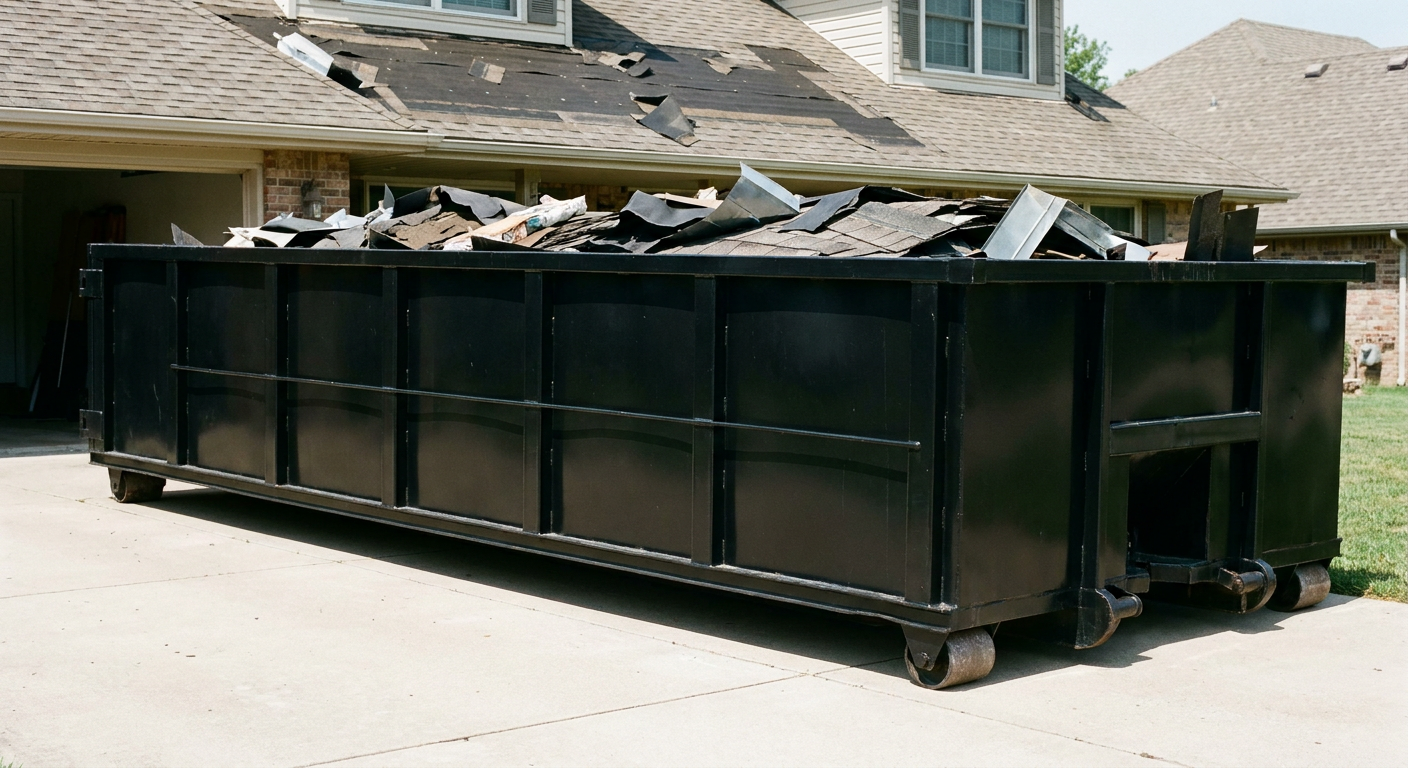 Matte-black 20-yard roofing roll-off dumpster with steel ribbed sides and swinging rear door, sitting directly on the concrete driveway of a two-story Lee'S Summit home, asphalt shingle debris being loaded over the low wall, clean documentary lighting.