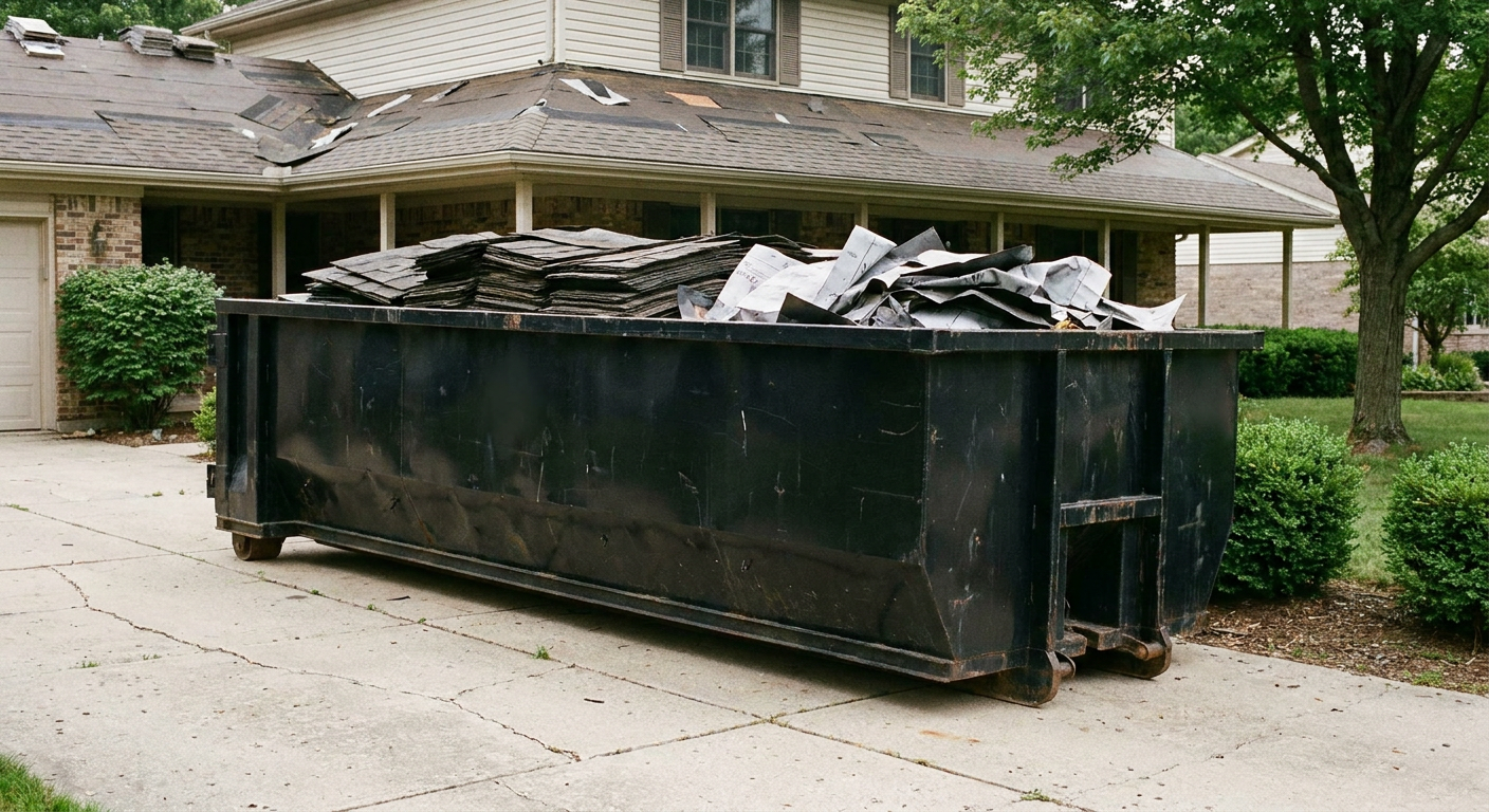 Matte-black 30-yard roofing roll-off dumpster sitting directly on a Lee'S Summit concrete driveway, taller ribbed steel side panels, mixed tear-off debris of asphalt shingles and underlayment inside, professional documentary daylight.