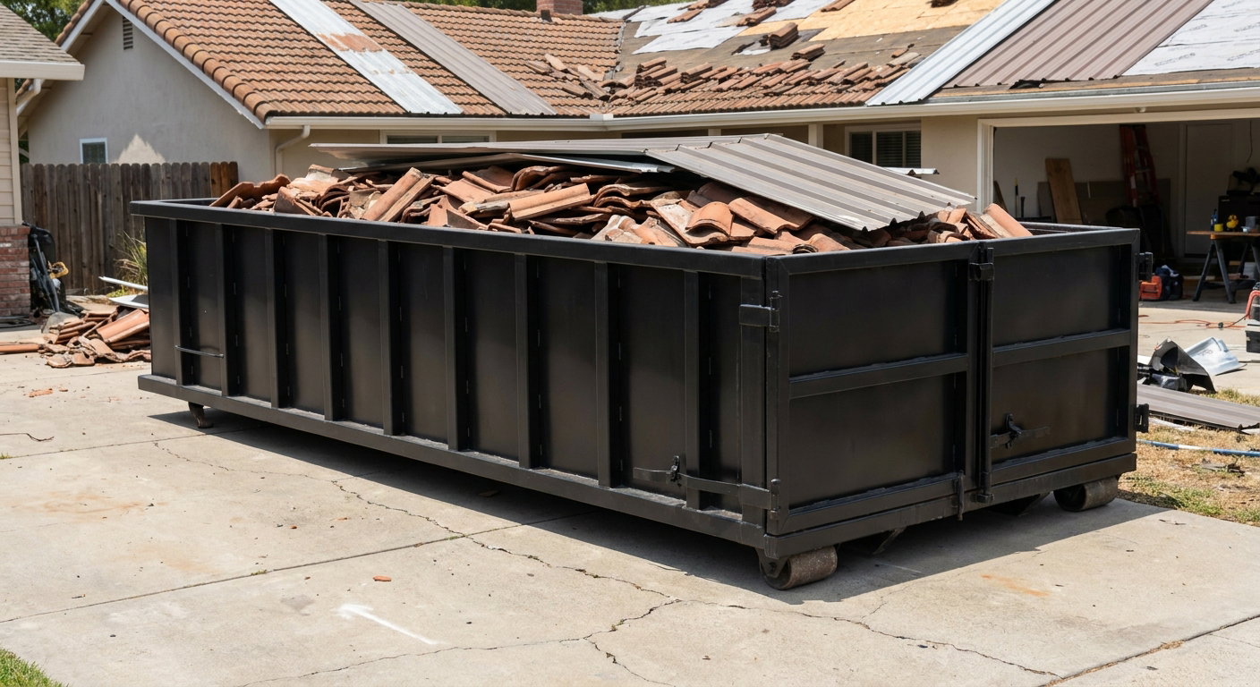 Matte-black low-wall heavy-debris roofing roll-off dumpster sitting directly on a Lee'S Summit concrete driveway, broken concrete clay roof tiles and metal panel sections loaded inside, reinforced ribbed steel side walls visible, bright outdoor daylight.