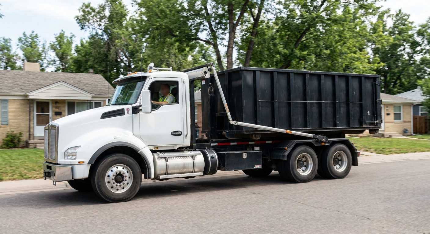A wide documentary shot of a matte-black roll-off delivery truck pulling onto a quiet Lee'S Summit residential street at mid-morning, with neighborhood rooftops and tree-lined blocks visible behind, showing the metro coverage footprint.