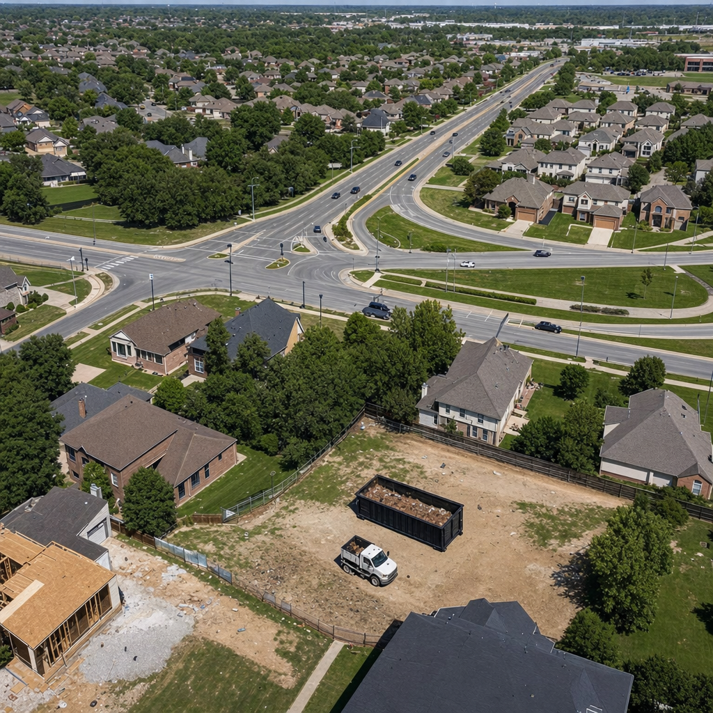 An overhead documentary view of the Lee'S Summit metro area at midday, showing the spread of neighborhoods, arterial roads, and the dispatch radius from a central yard — clean daylight, organized geographic layout.