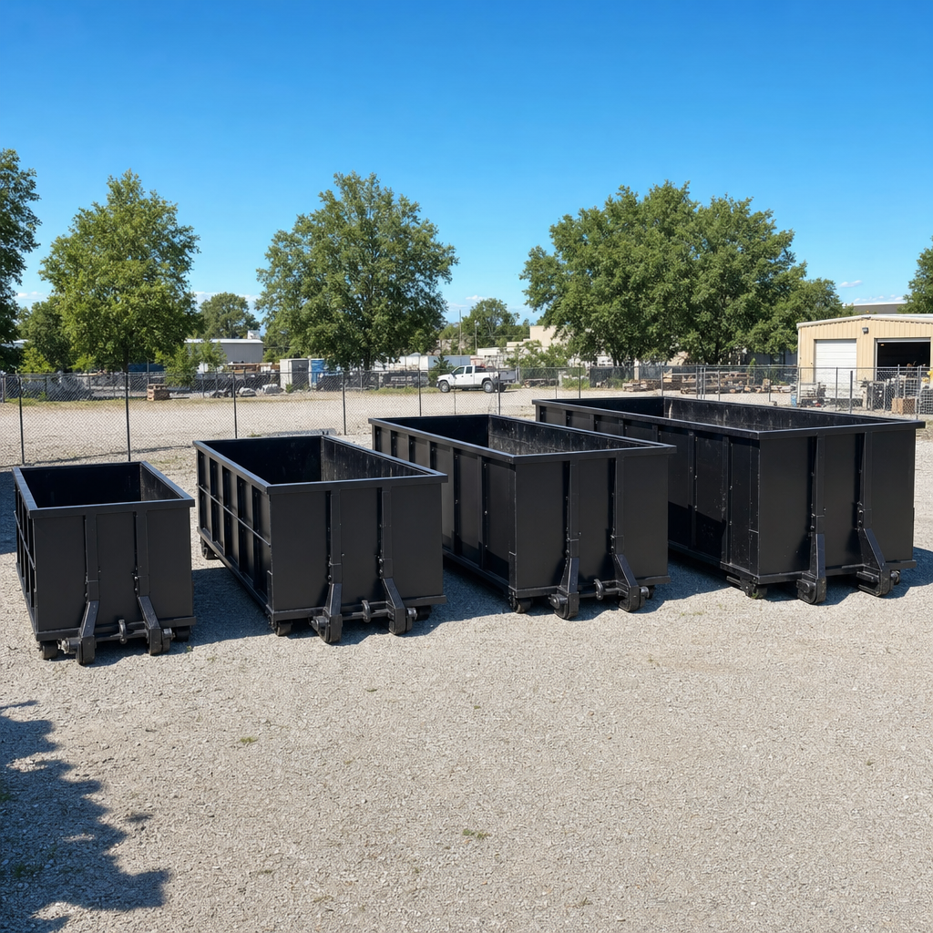 A clean lineup of matte-black roll-off dumpsters in 10, 20, 30, and 40-yard sizes staged on a sunlit gravel yard in Lee'S Summit, showing the size progression from compact to commercial-scale containers.