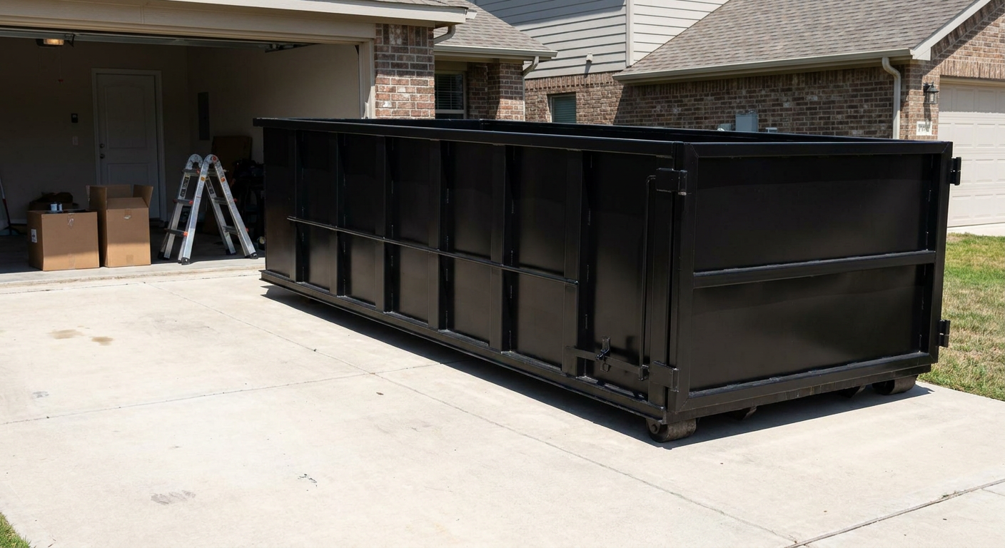 A matte-black 10-yard roll-off dumpster sitting directly on a residential Lee'S Summit concrete driveway, mid-day sunlight, clean and ready for a garage cleanout.
