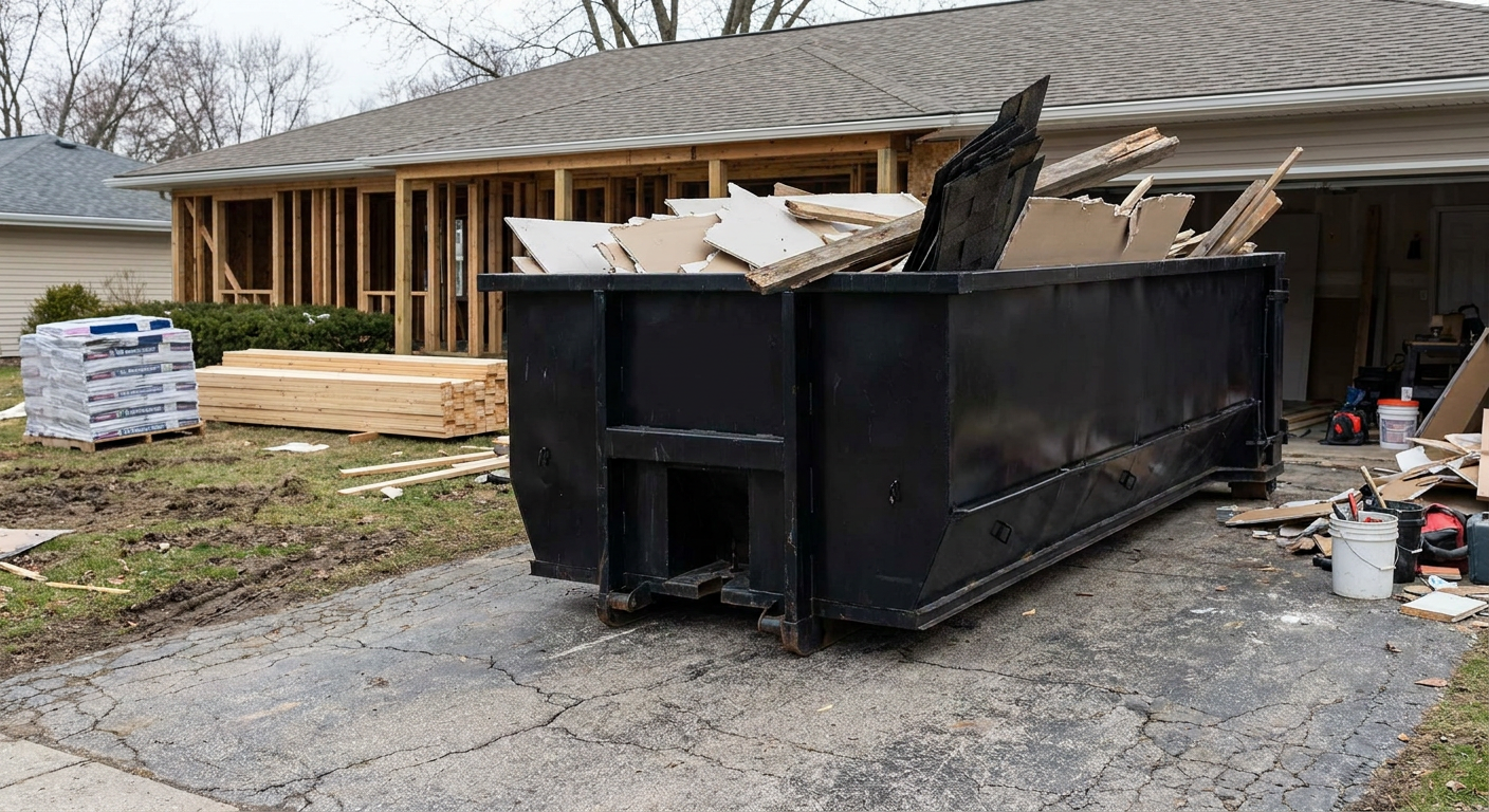 A matte-black 20-yard roll-off dumpster placed alongside a mid-renovation Lee'S Summit home directly on the asphalt driveway, with framing materials and torn-off shingles staged neatly nearby.