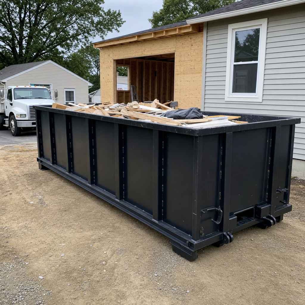 A matte-black 30-yard roll-off dumpster positioned at a Lee'S Summit residential addition jobsite, with framing lumber and drywall scraps loaded through the open swinging rear doors.