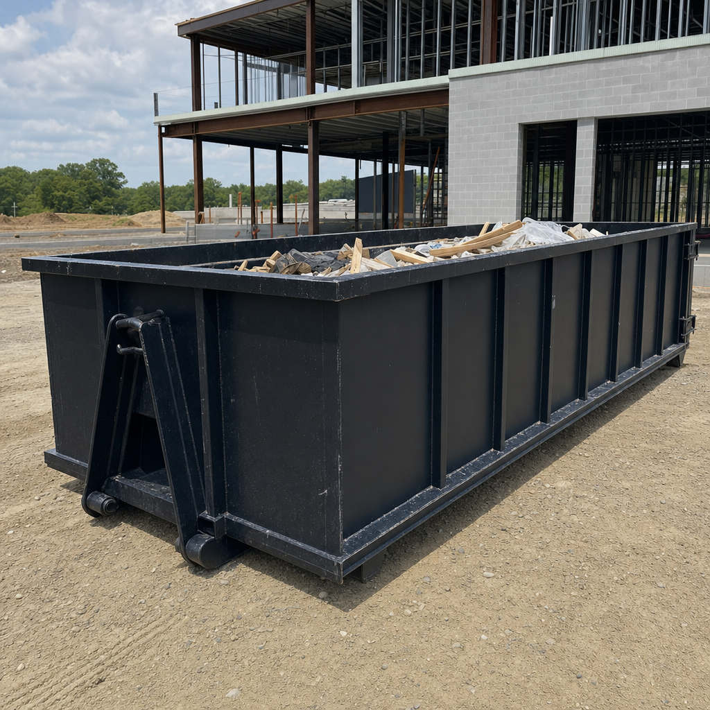 A matte-black 40-yard roll-off dumpster staged on a large Lee'S Summit commercial construction lot, with a hooklift delivery truck parked alongside under bright midday sky.