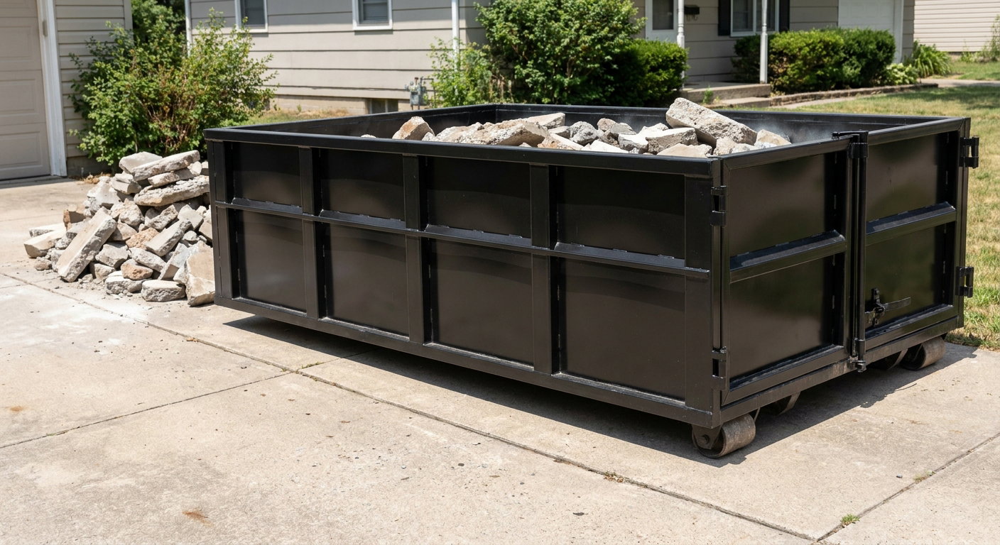 A matte-black low-side heavy-debris roll-off dumpster placed directly on a Lee'S Summit concrete driveway, with broken concrete chunks neatly stacked beside it under clean daylight.